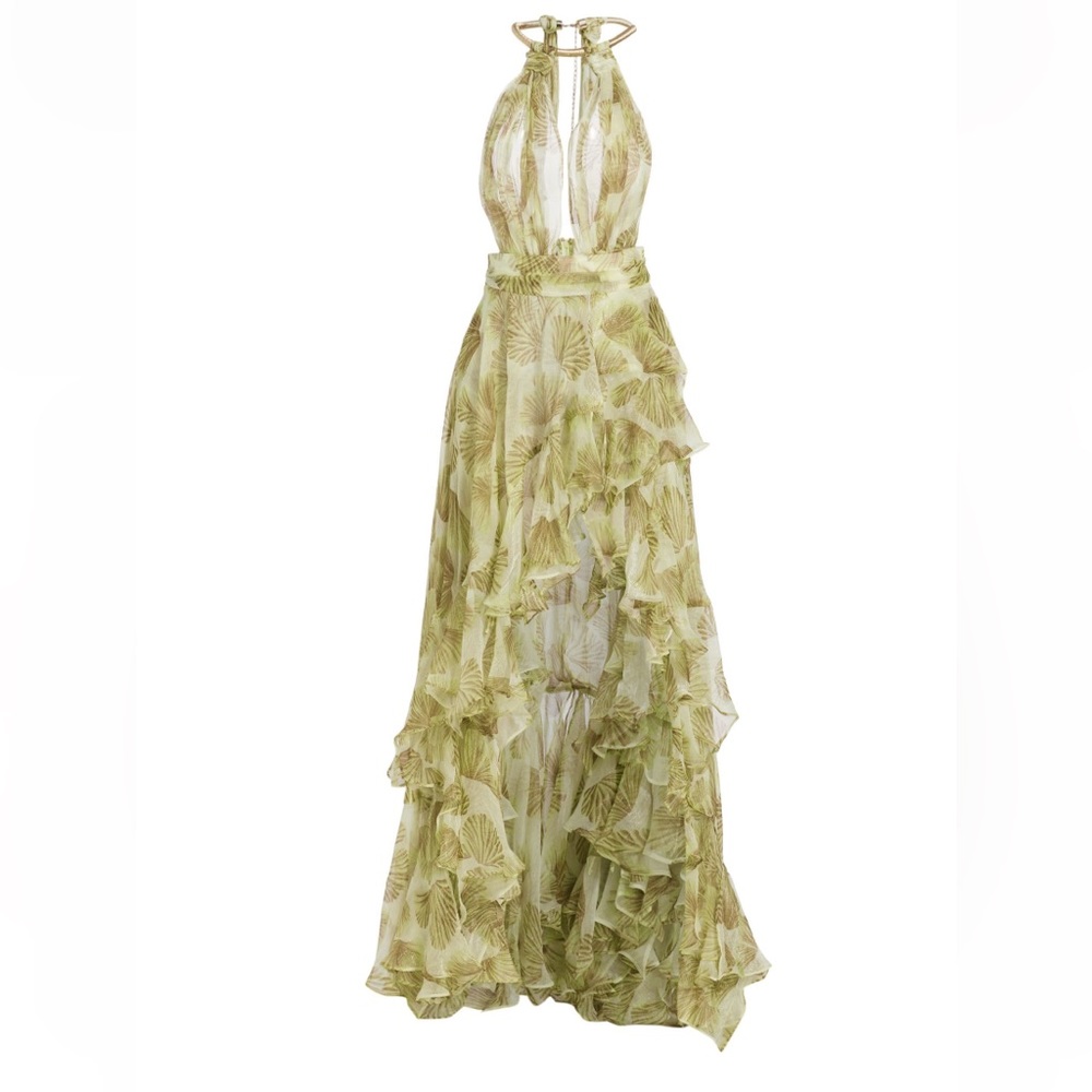 Bronx and Banco - Palma Leaf Silk-Blend Ruffle High-Low Dress